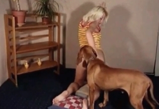 Blonde gets her cunt licked by the dog