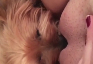 Girl rubbing her clit during a dog's pussy lick